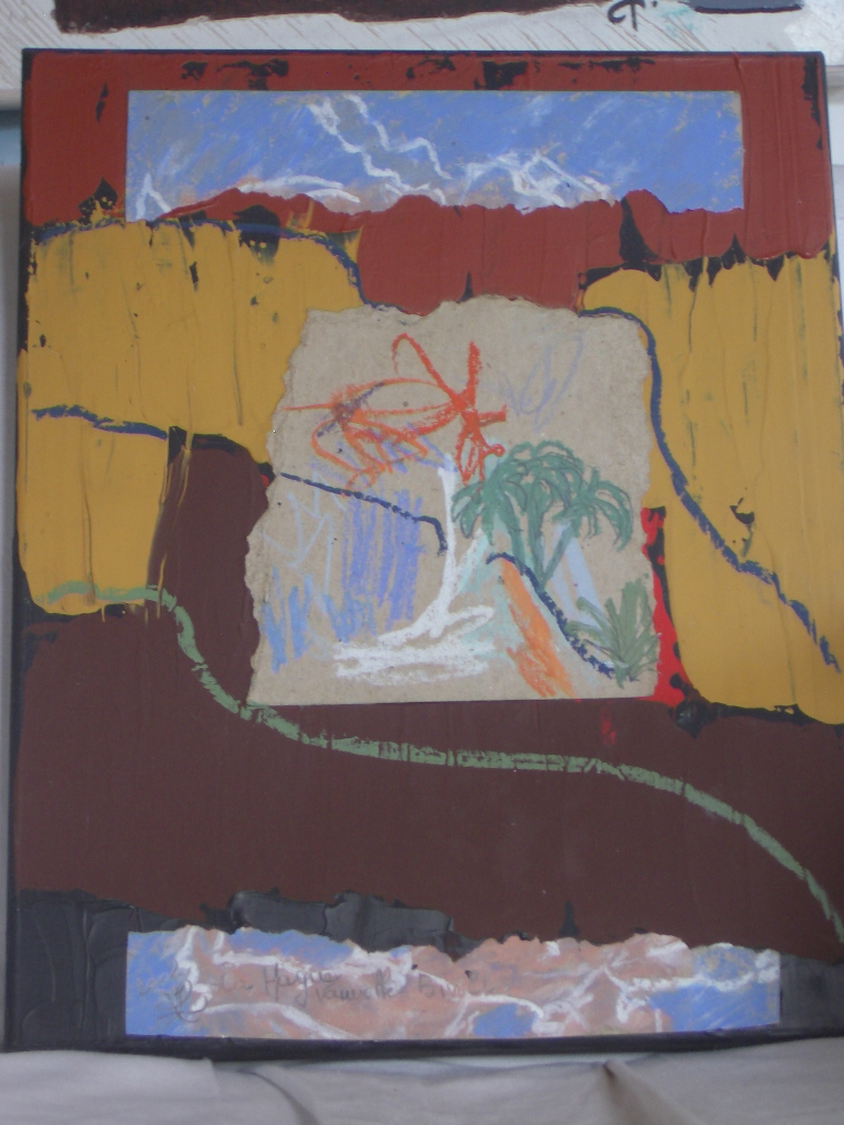 paysage ' vauville ' collage ,pastel, acrylique sur bois