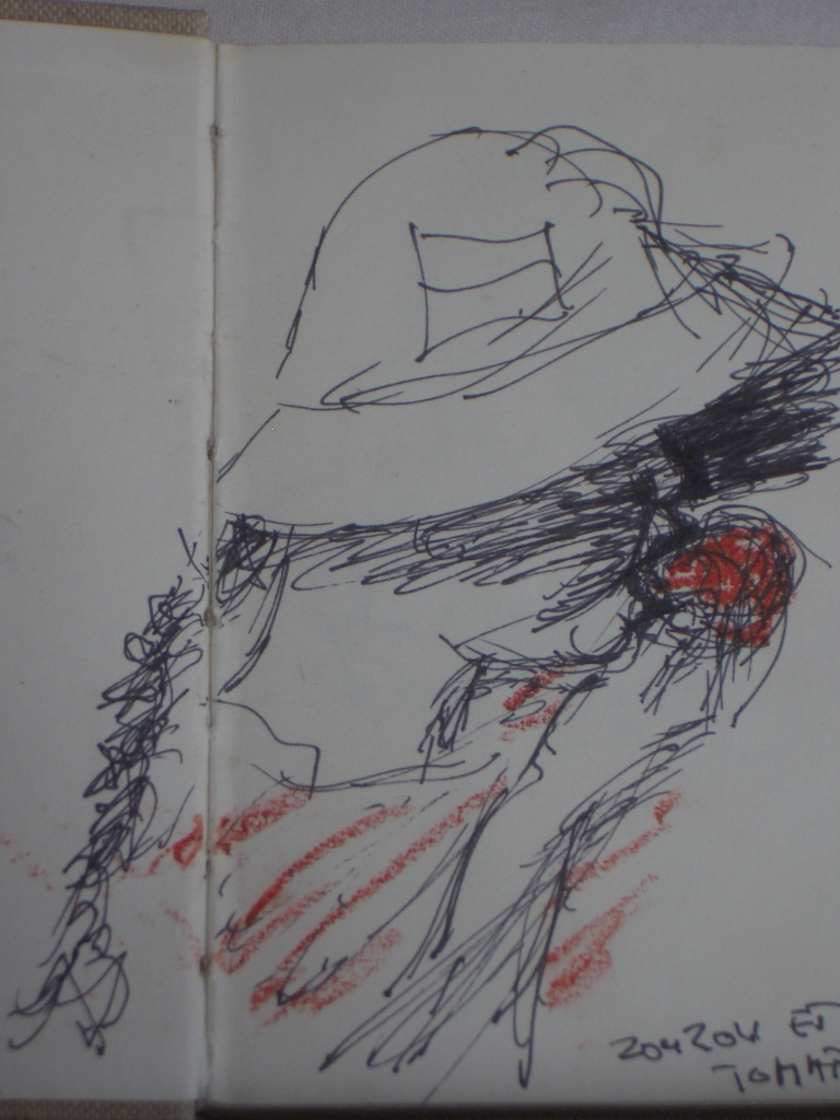 dessin 'zouzou et la tomate ' encre et crayon de couleur )